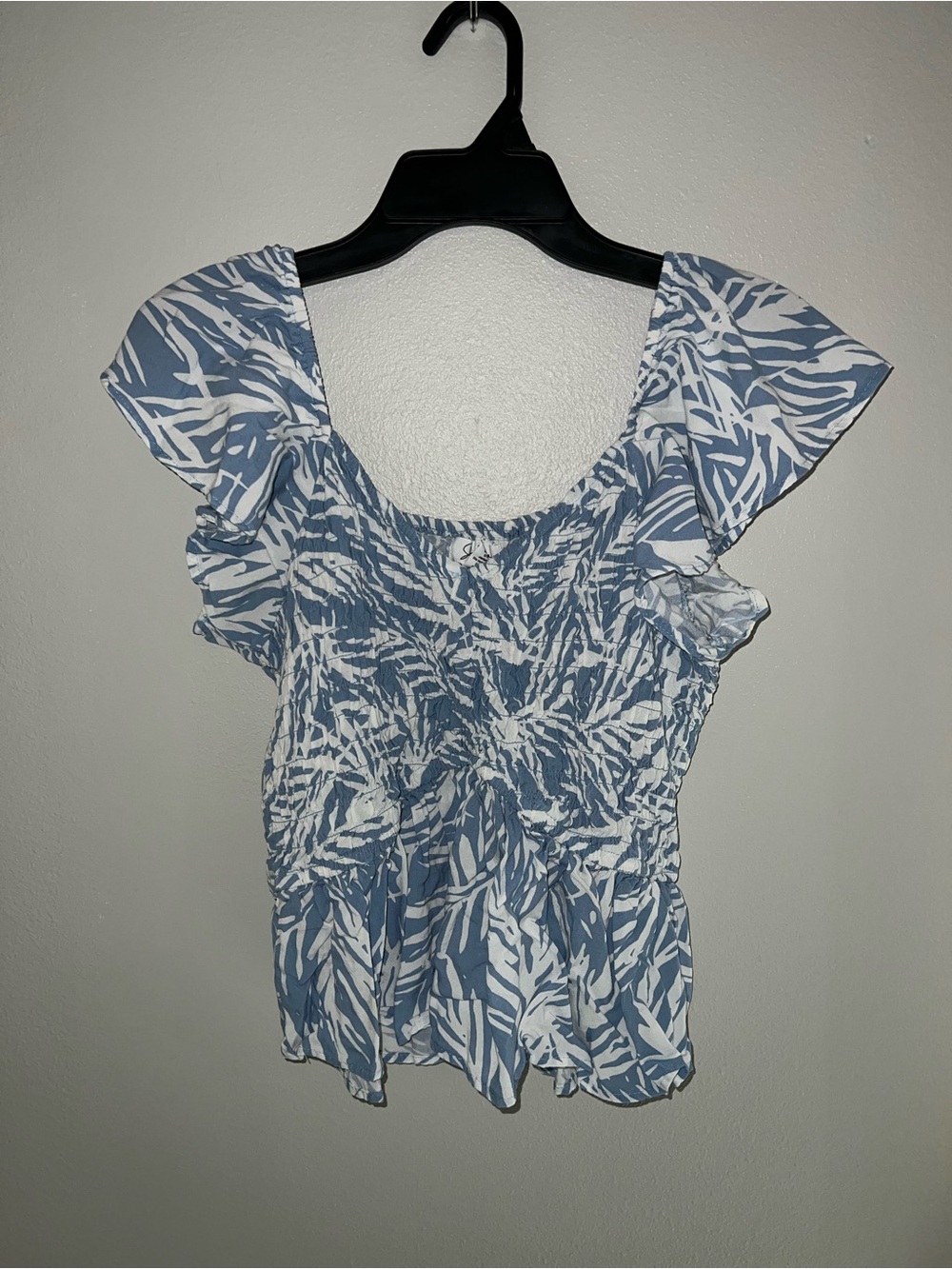 Smocked Blue & White Leaf-Print Women's Blouse